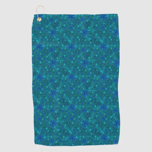 Monochromatic dark turquoise blue retro floral  golfhanddoek (Voorkant)
