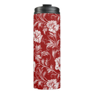 Monochromatisch Barok Bloemenpatroon, Wit op Rood Thermosbeker