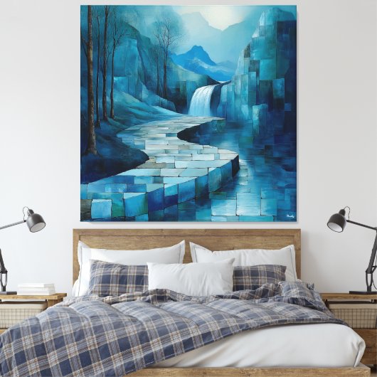 Monochromatisch blauw Abstract watervallandschap Canvas Afdruk (Insitu (Slaapkamer))