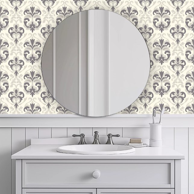 Monochromatisch stoffig Elegant Behang (Monochromatic Dusty French Wallpaper in a white bathroom.)