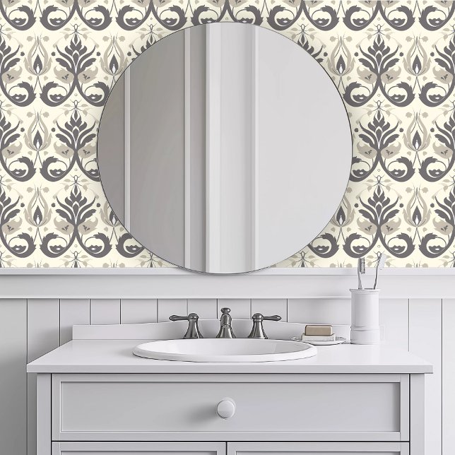 Monochromatisch stoffig Frans Behang (Monochromatic Dusty French Wallpaper in a white bathroom.)
