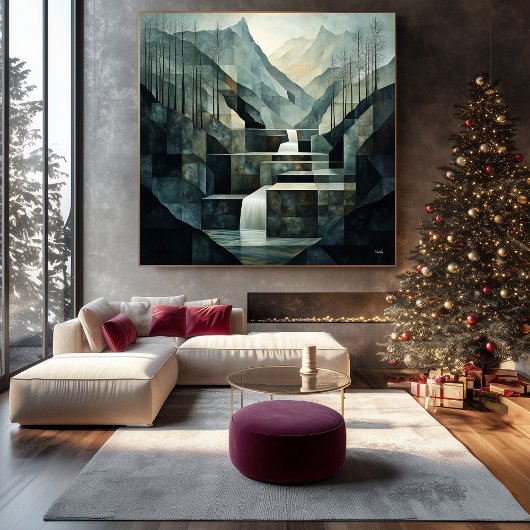 Monochromatische Abstracte Mountain Waterfall Geom Canvas Afdruk