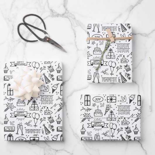 Monochrome Birthday Pattern Inpakpapier Vel (Voorkant)