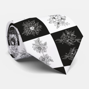 Monochrome bloemen en schaakbordpatroon stropdas