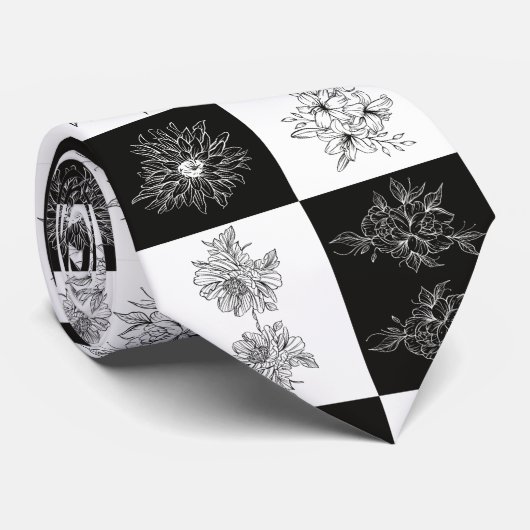 Monochrome bloemen en schaakbordpatroon stropdas (Opgerold)