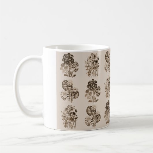 Monochrome bloemen in sepia brown koffiemok (Links)