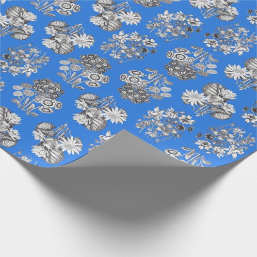 Monochrome bloemen op Bright Blue Ground Giftwrap Cadeaupapier (Hoek)