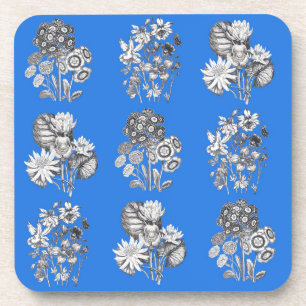 Monochrome bloemen op een elektrische blauwe achte drankjes onderzetter