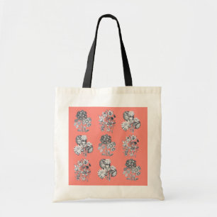 Monochrome bloemen op koraalachtergrond tote bag