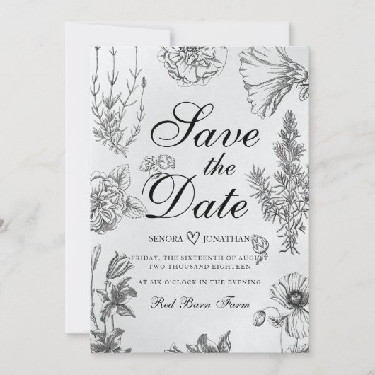 monochrome botanische bruiloft save the date (Voorkant)