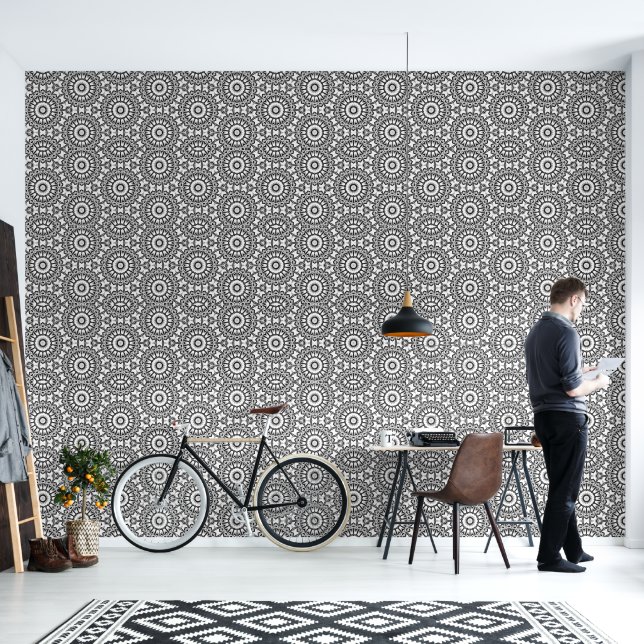 Monochrome geometrische Mandala Bloom Behang (Woonkamer)