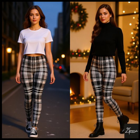 Monochrome Gray Black White Tartan Plaid Leggings