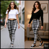 Monochrome Gray Black White Tartan Plaid Leggings