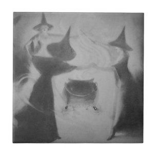 Monochrome Heksen Nacht Ketel Toverij Magie Tegeltje