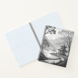 Monochrome Japanese Pavilion by Lakeside Path Notitieboek