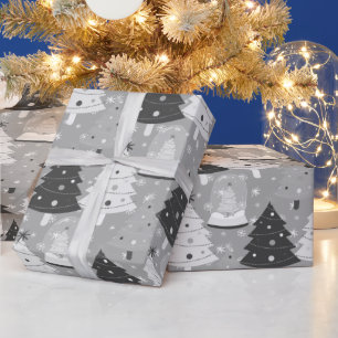 Monochrome Kerstbomen en Sneeuwbol Cadeaupapier