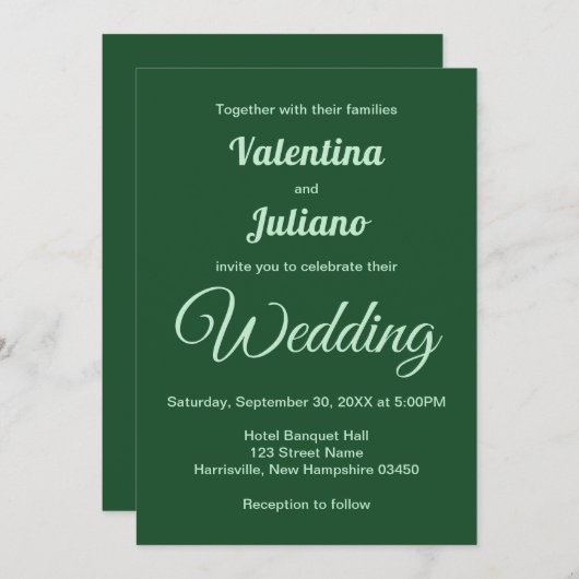 Monochrome Smaragd Groene Huwelijksuitnodiging Kaart (Voorkant / Achterkant)