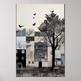 Monochrome Stadslandschap Kunstprint Surreal Vinta Poster