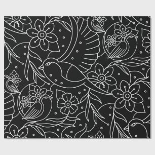 Monochrome Vogels & Bloemen Inpakpapier