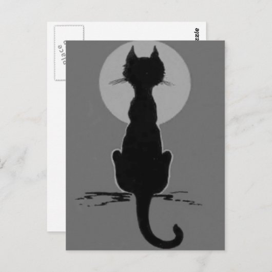 Monochrome zwarte en witte zwarte kat, volle maan briefkaart (Voorkant / Achterkant)