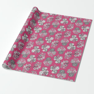 Monochroom Bloemen op Cerise Achtergrond Giftwrap Cadeaupapier
