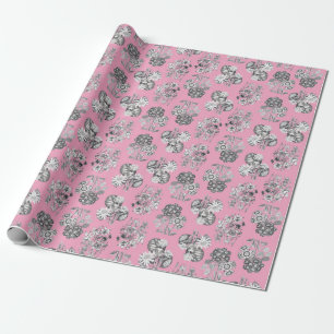Monochroom Bloemen op Roze Achtergrond Giftwrap Cadeaupapier