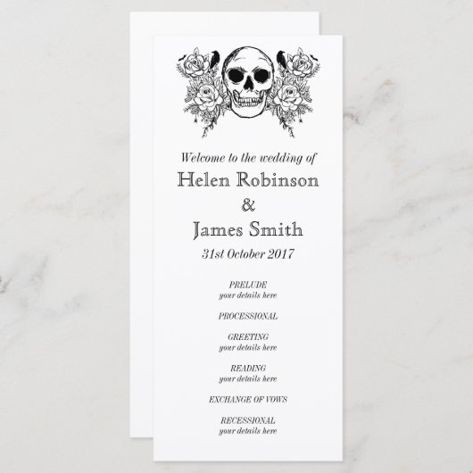 Monochroom Bloemen schedel tattoo bruiloft program Programma (Voorkant / Achterkant)