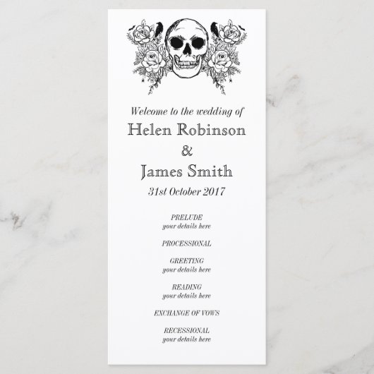 Monochroom Bloemen schedel tattoo bruiloft program Programma (Voorkant)