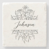 Monochroom Geschetst Bloem Monogram Stenen Onderzetter (Voorkant)