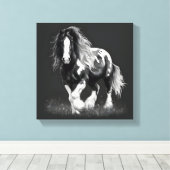 Monochroom Gypsy Cob Paard Canvas Afdruk (Insitu (Houten vloer))