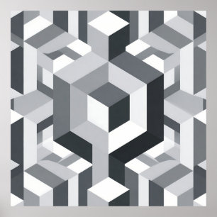 Monochroom Isometrisch Kubuspatroon Poster