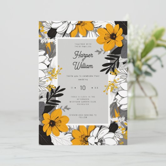 Monochroom lijn art bloemen bruiloft kaart (Staand voorkant)