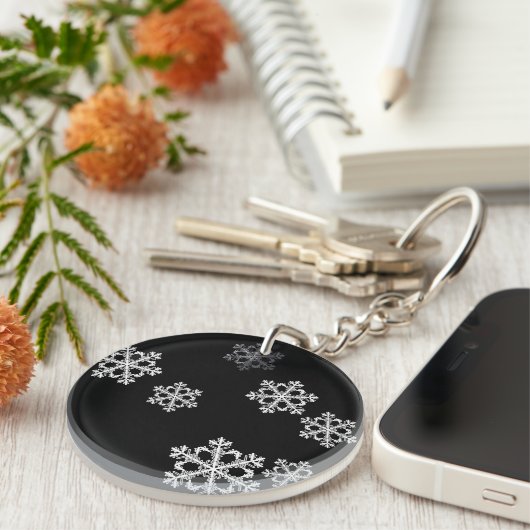 Monochroom minimalistisch sneeuwvlok kerstpatroon sleutelhanger (Voorkant Rechts)