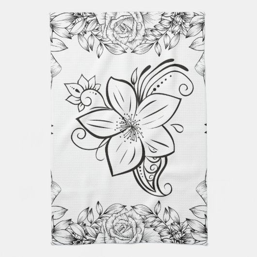 Monochroom Mooie Bloem, Grafisch Kunstwerk Theedoek (Verticaal)