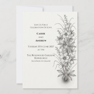 Monochroom Wilde Bloemen Huwelijksuitnodiging Kaart