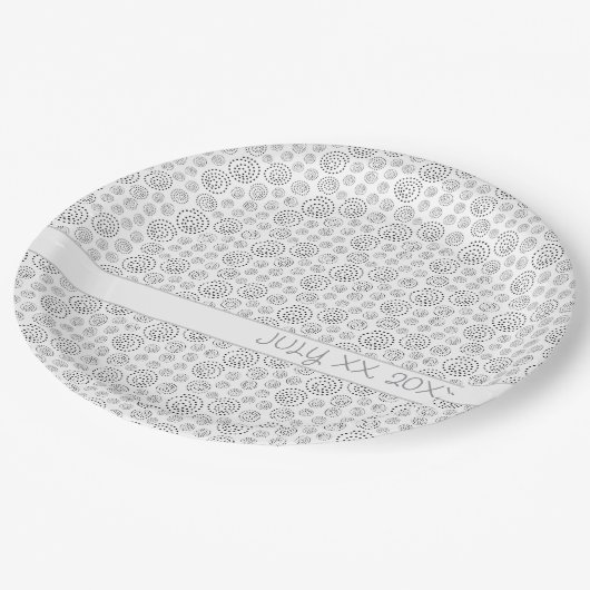 Monochroom zwart geometrisch wervelend patroon papieren bordje (Gekanteld)