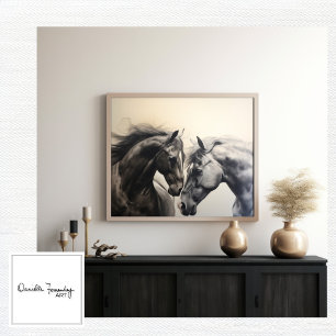Monochroom Zwart Wit Paarden   Grote kunst aan de  Canvas Afdruk