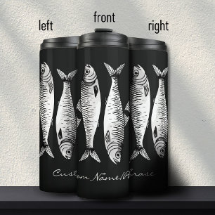 Monochroom zwart-wit sardine kunst aangepaste naam thermosbeker