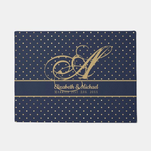 Monogame Navy Blauwe Gouden Stippen Huwelijk Deurmat (Voorkant)