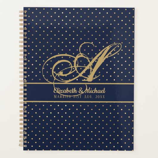 Monogame Navy Blauwe Gouden Stippen Huwelijk Planner (Voorkant)
