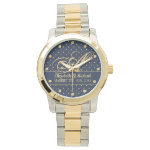 Monogame Navy Blauwe Gouden Stippen Huwelijkssluit Horloge