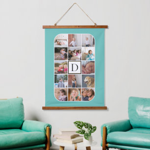 Monogram, 14 foto-collage afgeronde hoeken blauwgr hangend wandkleed