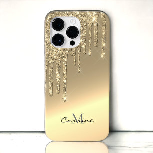 Monogram 14k Gouden Zijdruppelende Glitter Android Case-Mate iPhone 14 Pro Max Hoesje