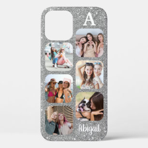 Monogram 6 Afgerond Foto Collage Silver Glitter iPhone 12 Hoesje