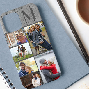 Monogram 6 foto collage grijs hout iPhone 12 pro max hoesje