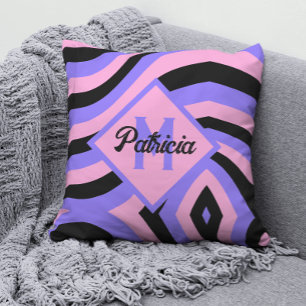 Monogram 70s roze & paarse psychedelische zwart kussen