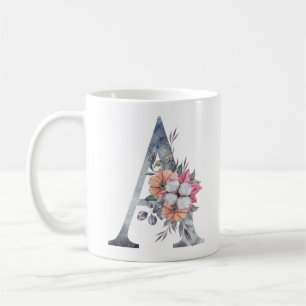 Monogram A Bloemendessin in Blauwe Waterverf Koffi Koffiemok