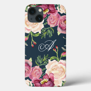 Monogram A Burgundy Floral Roos Leaf Foliage iPhone 13 Hoesje