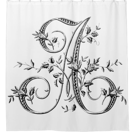 Monogram A Franse Rosebud Letter in Black Douchegordijn (Voorkant)