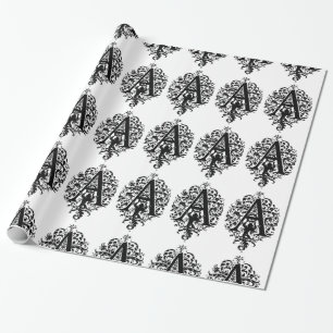 Monogram A Initiaal Black en White Floral Pattern Cadeaupapier